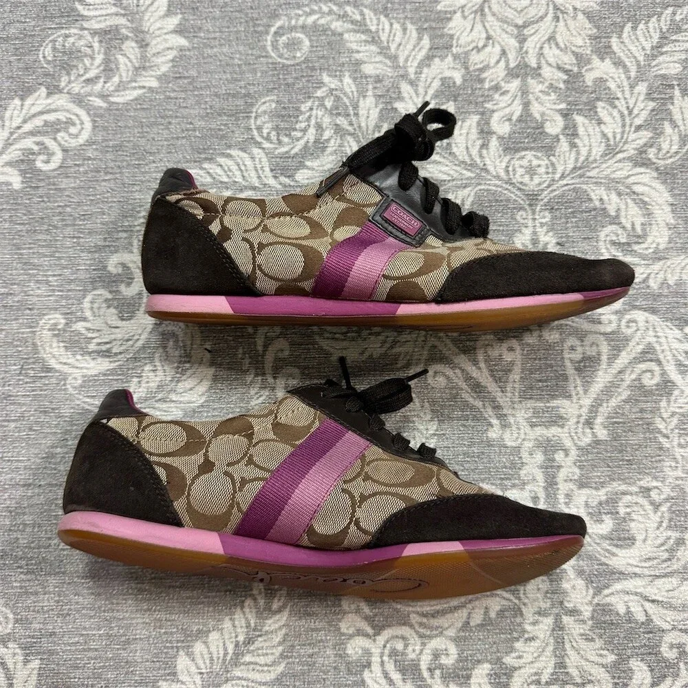 Coach Sneakers Womens Brown Tan Signature C Monogram Purple Stripe